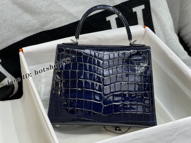 Hermes專櫃經典款Kelly手提女包 愛馬仕純手工凱莉25CM午夜藍高光尼羅鱷魚皮Kelly包 zhh1251